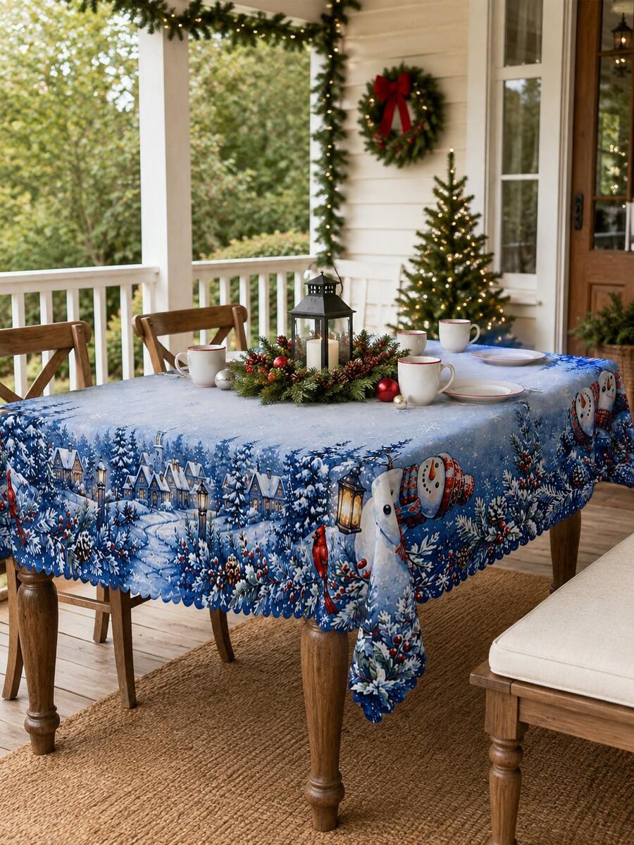 Christmas Snowy Village Print Tablecloth